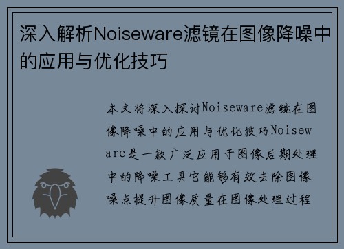 深入解析Noiseware滤镜在图像降噪中的应用与优化技巧